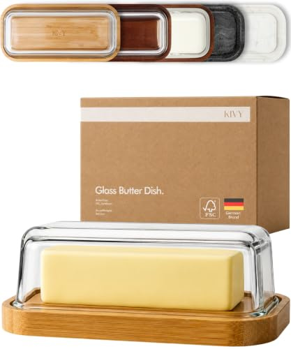 KIVY Glass butter dish with airtight lid that keeps butter soft - For countertop and refrigerator door shelf - Butter tray with lid fridge - Butter holder for counter - Covered butter dishes