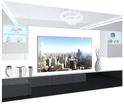 BELINI Wohnwand Vollausstattung Wohnzimmer-Set Moderne Schrankwand mit LED-Beleuchtung Anbauwand TV-Schrank Weiß/Schwarz