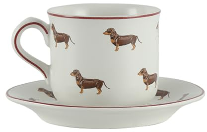 London Pottery Farmhouse Animal Pattern Cup and Saucer for Drinking, White with Animal Illustration (Sausage Dog,(220ml))