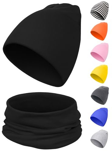 Kiiwah Kinder Beanie Mütze und Loop Schal Set, Weiche Baumwolle Warme Strickmützen und Schals für Baby Herbst Winter Frühling(Schwarz)