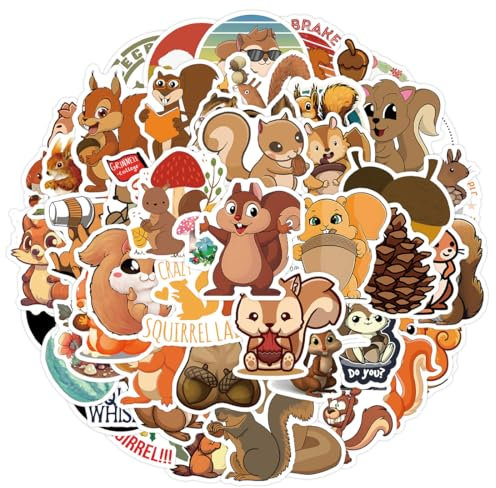 WeddHuis 60 Stück Wasserfeste Eichhörnchen Aufkleber Pack, Vinyl Squirrel Sticker Set für Kinder, Scrapbook Stickers, Tier Sticker, Aesthetic, Laptop, Telefon, Gitarre, Skateboard, Motorrad