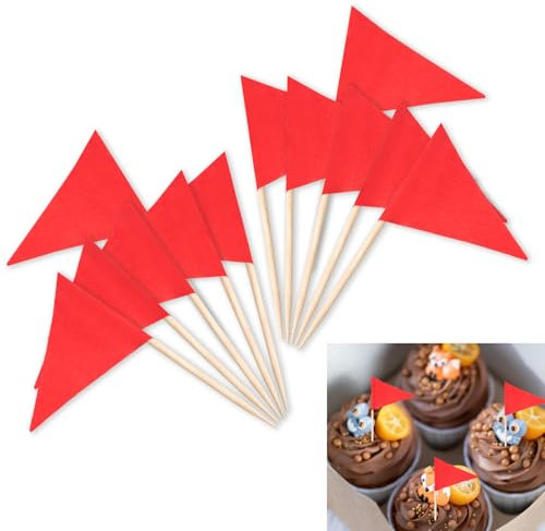 BLMHTWO 100 Pcs Mini Red Flags Toothpick Flags Solid Red Golf Cupcake Toppers Small Plain Red Triangle Toothpick Stick Flag Custom Cupcake Toppers for Cupcakes Toppers Party Decoration