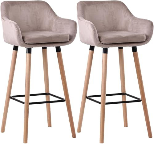 CLP 2er Set Barhocker Grant mit Samtbezügen I Thekenhocker gepolstert und mit Rückenlehne I Jeweils bis 150 kg belastbar, Farbe:hellgrau