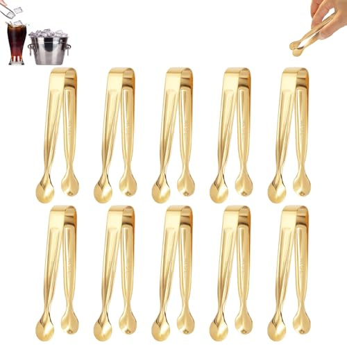 Zangen Candybar, Eiszange Set, 10 Stück Gold Candybar Zuckerzange, Edelstahl Eiszange Set, Mehrzweck Servierzange,Gebäckzange, für Küche, Hochzeit, Bar, Party und büfett Grill Picknick (11 x 1,6cm)