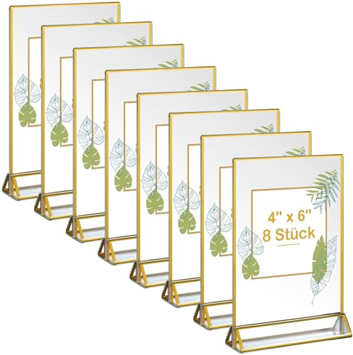 Vabrloy 8 Stück Goldener doppelseitiger Bilderrahmen,Acryl Schilderhalter mit Goldenen Rändern,Klare Vertikalem Ständer Doppelseitige Menüständer, Tischnummern für Hochzeiten,Party(10,2 x 15,2 cm)