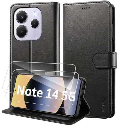 WAURZ Coque pour Xiaomi Redmi Note 14 5G (Pas pour 4G), Etui Coque avec 2 Verre Trempé Porte Carte Clapet à Rabat Portefeuille Cuir Case Housse Protection Flip Cover Étui pour Redmi Note 14 5G,Noir