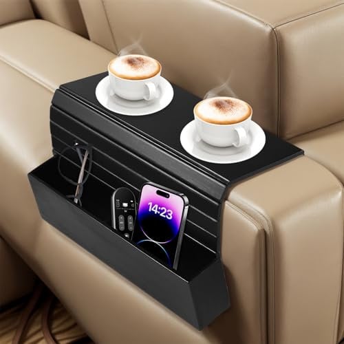 QCXWCJWD Natural Bamboo Sofa Arm Tray Table, Anti-Slip Sofa Armrest TV Tray Table, Sofatablett Foldable Couch Caddy Cup Holder for Snacks,Phone,Control,Cups (Black)