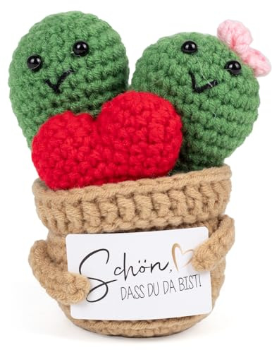 DMOPRDNB Mini Kaktus Puppe Gehäkelt Grün, Gestrickte Kakteen Figur mit Karte Schön DASS du da bist, Kleines Geschenk für Freundin, Dankeschön Hochzeit Geburtstag Taufe