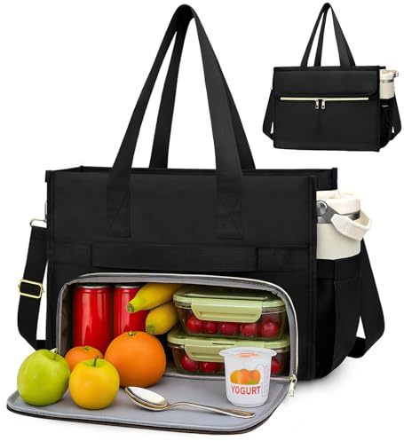 Lunchtasche für Damen, 15.6 Zoll Laptoptasche mit isoliertem Lunchfach, 2-in-1 Groß Lunchtasche Handtasche, Aktentasche Wasserdicht, geräumige Computertasche für Business, Büro, Schule (Schwarz)