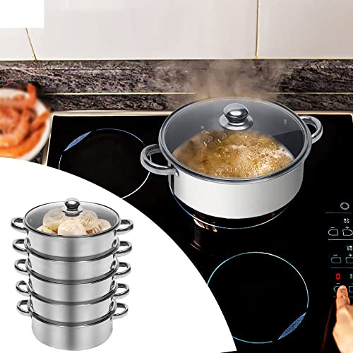 5 Etagen Edelstahl Dampfgarer Topf 26cm Dampftopf Dampfkocher, Mantowarka Dampfgarer Dampfkocher Dampfkochtopf mit Glasdeckel, Edelstahl Dampfgarer Schongarer Gardampftopf für allen Herdarten