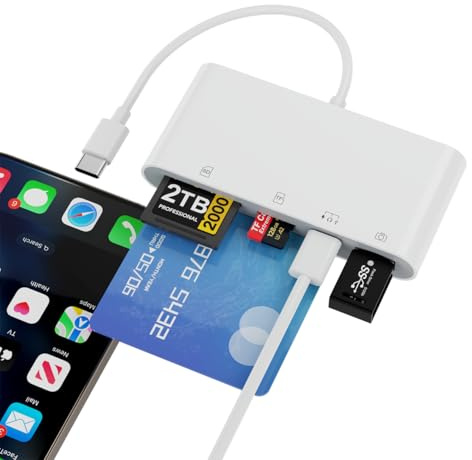 Lecteur de carte mémoire 5 en 1 multi-USB C SD/TF/Smart Card + USB OTG pour iPhone 16/iPad Pro, lecteur de carte d'identité CAC militaire à accès commun pour iPhone 16 15/iPad Pro/Mac/Samsung