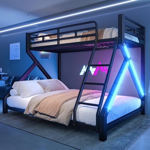 NovaFurnish 90 x 200 cm, 140 x 200 cm, letto a castello, telaio in ferro, con barra luminosa a LED, ringhiera di sicurezza, scala, senza materasso, nero