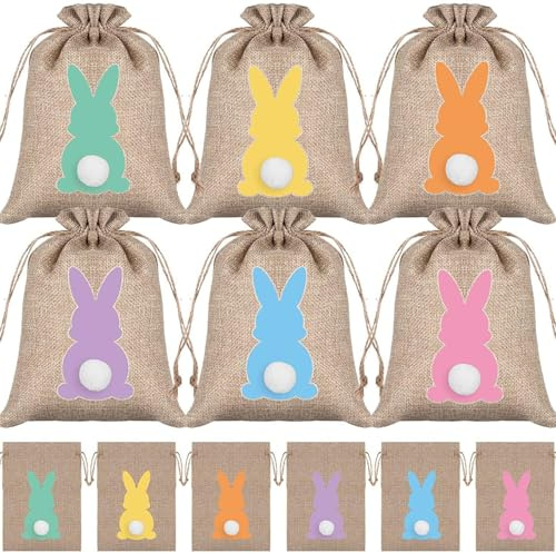 Oster-Jutebeutel, 12pcs Ostertüten zum BefüLlen, Osterhase Geschenktüten, Jute Beutel Hasen, 10 X 15 cm, Ostergeschenke für Ostergeschenken, Eiern, Keksen und SüßIgkeiten