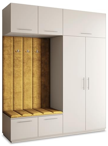 Masseno Flugarderoben Set Rema, Kleiderschrank-Set mit Sitzbank, Garderobenschrank Flur mit 5 Regalböden, Kaschmir