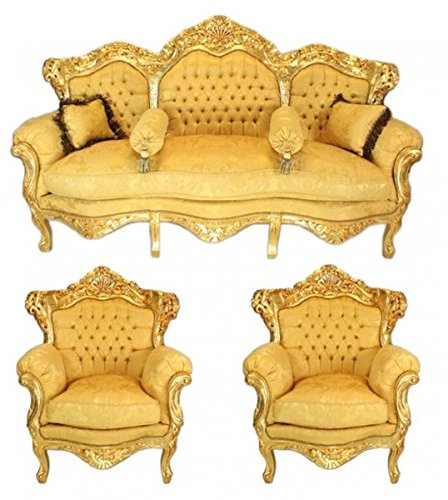 Casa Padrino Barock Wohnzimmer Set Gold Bouquet Muster/Gold - 3er Sofa + 2 Sessel