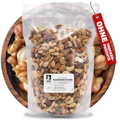 Bremer Gewürzhandel Nussmischung 1 Kg aus Cashewkernen, Walnüssen, Erdnüssen, Mandeln & Haselnüssen, ungesalzen - Nussmix, Studentenfutter Großpackung, Nüsse ohne salz, Studentenfutter ohne Rosinen