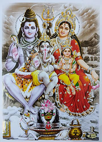 Crafts of India Lord Shiva Family Poster/Reprint Hindu God Picture with Golden Foil (Unframed : Size 5X7 inches)