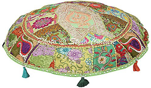 Stylo Culture Indisch Dekorativ Rund Bodenkissenbezug Boho 100x100 cm Groß Stuhlkissen Vintage Papagei grün Bohemien Patchwork Sitzsack Bodenkissen Baumwolle Bestickt Bodenkissen Ethno
