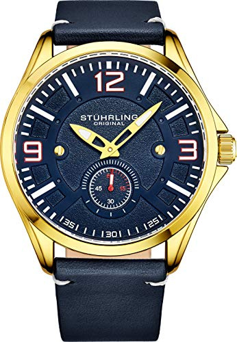 Stuhrling Original Aviator Herrenuhr – Uhr mit Strukturiertem analogen Zifferblatt, lässiges genähtes Lederarmband, Herrenuhrenkollektion