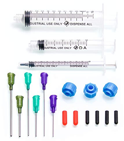 Dispense All - K2-3PK All-Purpose Industrial Syringe Kit - 1ml/3ml/10ml with 1 & 2 Inch 14, 18, & 21 Gauge Dispensing Tips, Syringe Caps and Tip Covers