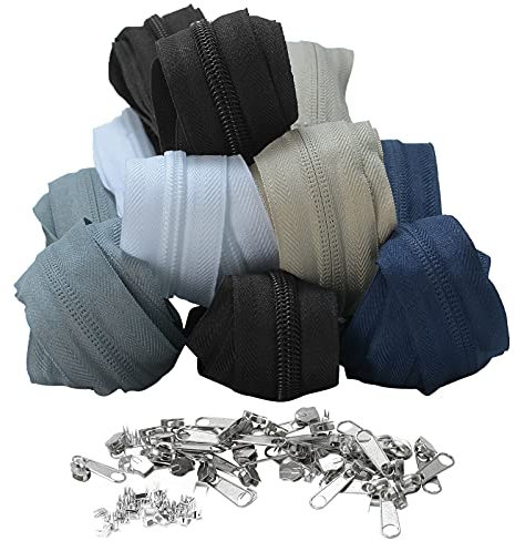 ZITFRI 12m Reißverschluss endlos 5mm, je 2m, teilbarer Reißverschluss mit 30 Zipper und 30 Endstück, 5 Farben Endlosreißverschluss mit Zipper für Kleidung, Röcke, Rucksack, Heimtextilien