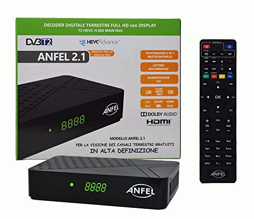 Decoder DVB-T2 HD T265 Hevc H265 MAIN 10 Bit funzione CEC, Full High Definition Ricevitore Digitale Terrestre,USB funzione media player, HDMI, LAN, SCART, Telecomando 2 in 1 per controllare il TV
