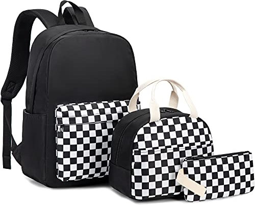 Xunteny Schulrucksack Mädchen 3 Teile Set, Schulranzen Rucksack Schule Kinder Teenager mit Lunch Tasche Federmäppchen (Kariert)