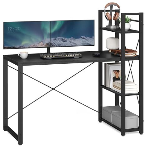 VASAGLE Computer Desk, Writing Desk with Storage Shelves on Left or Right, 120 cm Wide Home Office Desk, for Study, Easy Assembly, Industrial Style, Ebony Black LWD048B56