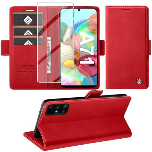 Giyer Handyhülle für Samsung Galaxy A71 Hülle mit Displayschutzfolie, Schutzhülle Galaxy A71 Universal-4G/5G PU Leder Wallet Flip Case Standfunktion Kartenfach Klapphülle für Samsung A71 Cover (Rot)