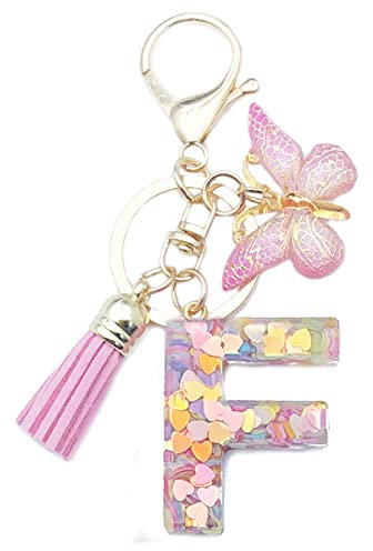 Xsclpomddy Mädchen Alphabet Buchstaben Schlüsselanhänger Niedlich Schlüsselanhänger Glitzer mit Schmetterling Quasten Harz Rosa.Keychain für Tasche Charme,F