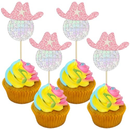 Gyufise 24Pcs 70‘s Disco Ball Cowboy Hat Cupcake Toppers Glitter 70‘s Disco Ball Cake Topper Decorations for Rock Theme Baby Shower Kids Birthday Party Cake Decorations Supplies