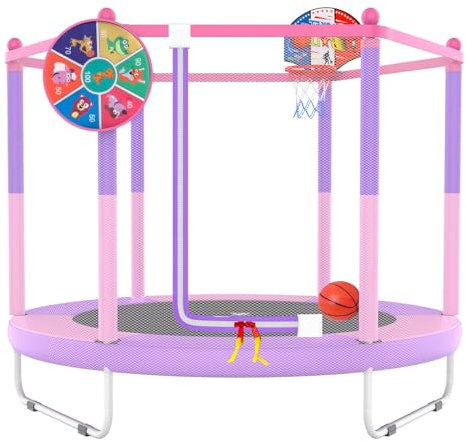 PILIN Kinder Trampolin mit Basketballkorb, 150cm Indoor-Outdoor-Sprungbett mit Federn, erhöhtes Sicherheitsnetz - Geburtstagsspielzeug für Jungen Mädchen, Kinderweihnachtsgeschenk