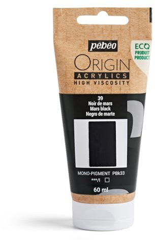 Pebeo - Origin Acrylics 60 ml - Peinture Acrylique Éco-Conçue - Haute Viscosité - Finition Mate - Liant 100% Recyclé - 96% de Matières Premières d’Origine Européenne - Noir de Mars