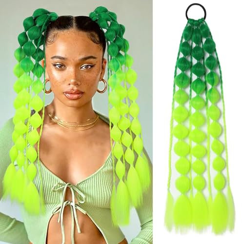 PORSMEER Farbige Braids Extensions Pferdeschwanz Verlängerung mit Haargummi,Bunte Haarverlängerungen zum Flechten 55cm,Bubble Braid, Kunsthaar Zopf Haarteil für Damen(Grün+Neongelb)