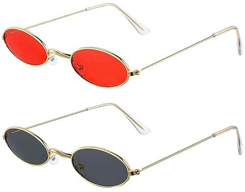 Xrten Vintage Brille Oval Metall,Kleine Ovale 2 Paare Brille Modetrend,Oval Brille Partybrillen Set,Hip-Hop-Brille Kleine Rahmen Sonnenbrille Rahmen für Frauen,Mädchen,Männer,Party,Foto Requisiten