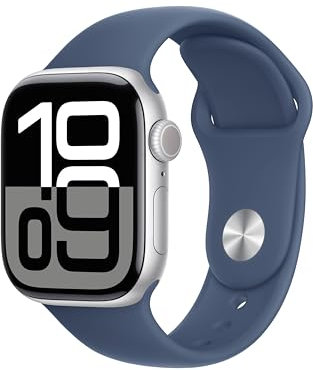 Apple Watch Series 10 (GPS 42 mm) Smartwatch mit Aluminiumgehäuse in Silber und Sportarmband in Denim (M/L). Fitnesstracker, EKG App, Always-On Retina Display, Wasserschutz