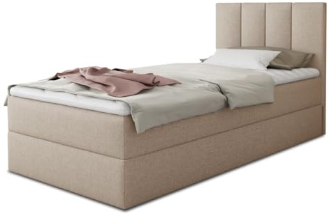 Sofnet Boxspringbett Star Mini mit Bettkasten, Bonell-Matratze und Topper - Einzelbett mit Matratzentopper, Polsterbett, Bett, Schlafzimmer, Jugendzimmer (Beige (Inari 22), 90 x 200 cm)
