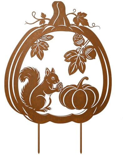 Rost Kürbis Deko Gartenstecker für Herbstdeko Draußen Innen Herbst Gartendeko mit Eichhörnchen Metall Dekokürbis Outdoor und Garten Fall Decor für Blumentopf Terrassen Erntedankfest Garten Geschenk