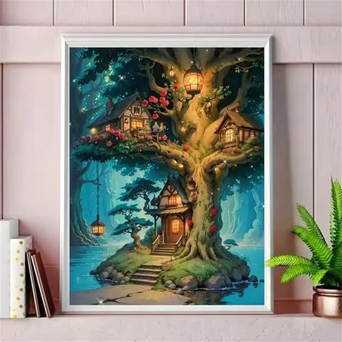 Baumhaus Malen Nach Zahlen Erwachsene,Ohne Rahmen Malen Nach Zahlen für Erwachsene,DIY Acrylfarbe Malen Nach Zahlen Kinder Anfänger leinwand Bilder Set für Wanddekor 20x30cm