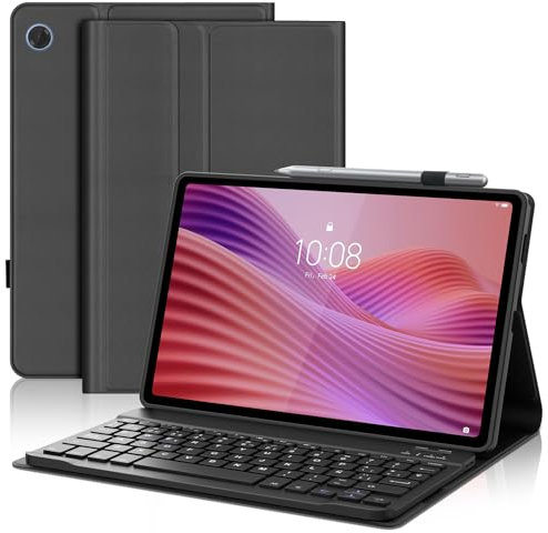 WAVATA Funda con Teclado para Lenovo Tab 10.1'' 2025, Tecla QWERTY Español Ñ para Lenovo Tab 10.1 Pulgadas 2025, Teclado Bluetooth Desmontable- Negro