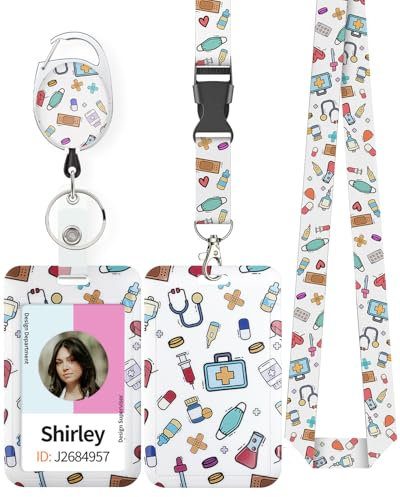 Uniclife Modische Sliding Ausweishülle Cartoon-Muster Kunststoff-Etui mit einziehbarer Badge-Reel Karabinerhaken abnehmbarem Lanyard Vertikaler Kartenhalter für Angestellte Krankenschwestern Studenten