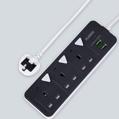 13A 3 Socket Extension Lead, 3 Metre Cable, Individual Switches, 3-Way Plug Extension Cable, Power Strip, Black, 3m