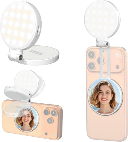 Newmowa Magnetisches Selfie-Ringlicht mit Spiegel für Makeup Videoanruf | Wiederaufladbares ausziehbares Handylicht,CRI 95+,360° drehbar,tragbares faltbares LED-Fülllicht, kompatibel mit allen Phones