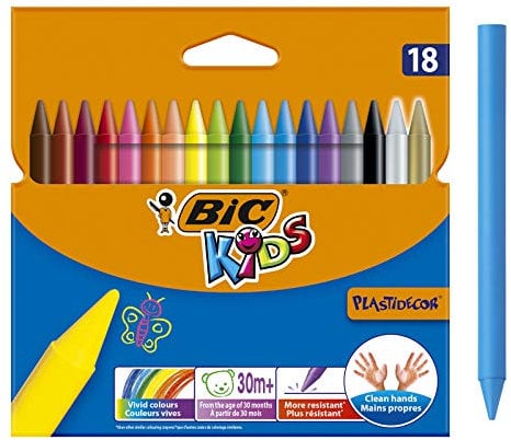 BIC Kids Plastidecor - Blíster de 18 unidades, ceras para colorear, colores surtidos