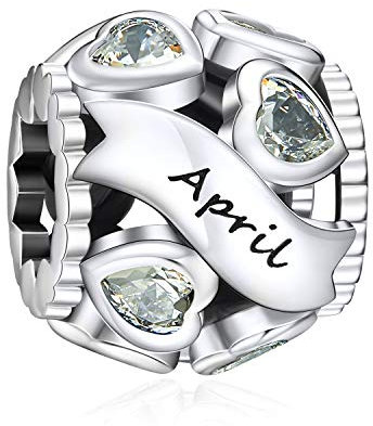 NINGAN Birthstone Charms für Armbänder Charm 925 Sterling Silber Openwork Perlen Charms, Liebesherz Charms für Armbänder und Halsketten(April)
