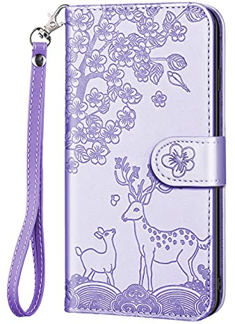 Aisenth Handyhülle für Huawei P30 lite, Blumen Hirsche Muster PU Leder Handytasche Kitz Rotwild Brieftasche Magnetisch Klapphülle Etui Schutz hülle mit Kartenfächer, Aufstellfunktion -Lila