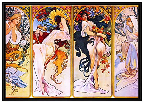Generisch Pixxprint Alfons Mucha - Vier Jahreszeiten Leinwandbild 100x70 cm im Bilderahmen, Wandbild, Schattenfugenrahmen, Kein Poster