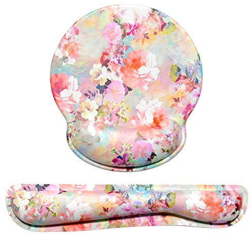 Dapesuom Keyboard and Mouse Set with Wrist Support - Memory Foam Ergonomic Wrist Rest Pad, Non-Slip Base for Easy Typing & Pain Relief - Peonies Floral