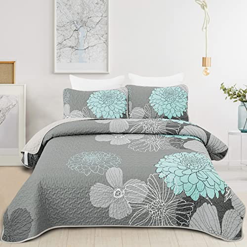 WONGS BEDDING Tagesdecke 240x260 Grüne Blumen Bettüberwurf Weiche Sommerdecke Gesteppte Decke für Doppelbett Mikrofaser Bettdecke mit 2 Kissenbezug 50x75