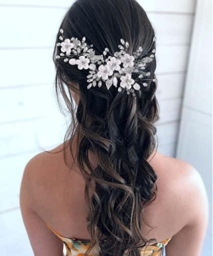Unicra Blume Braut Haar Rebe Hochzeit Perle Kopf tragen Silber Strass Kopfschmuck für Frauen und Mädchen